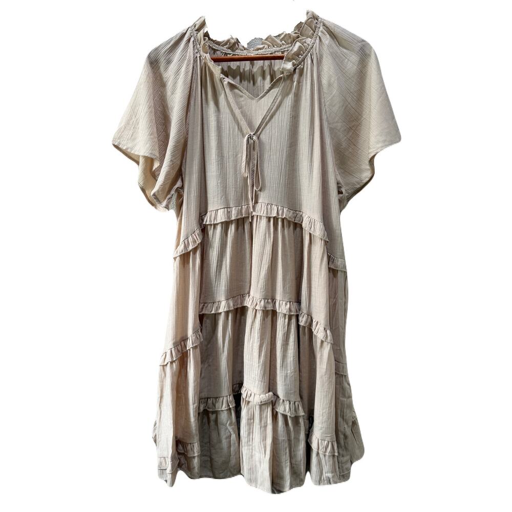 Tan Tiered Babydoll Mini Dress Ruffle VNeck Flutter Sleeves Summer Boho Size L